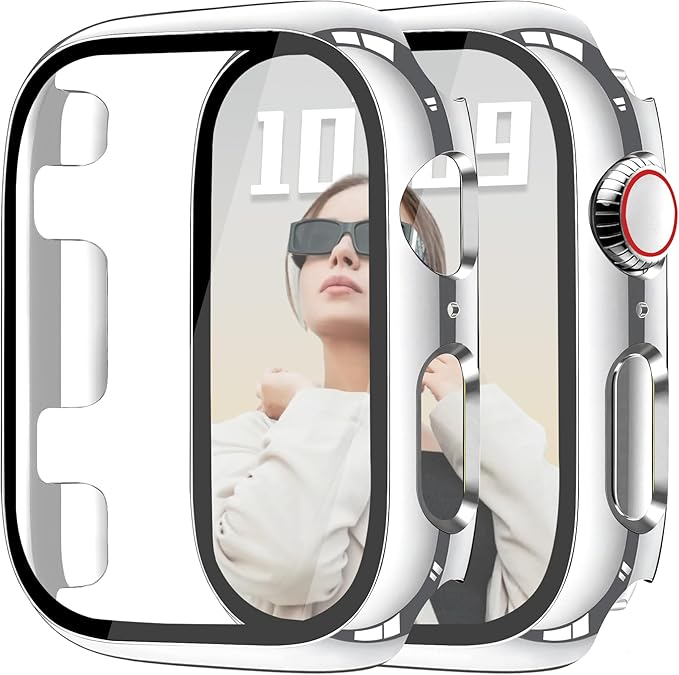 JR.DM 38mm 2 Pack Hard PC Case with HD Tempered Glass Screen Protector for Apple Watch Series 3/2/1, Guard Bumper Full Coverage Protective Anti-Scratch Face Cover for iWatch, Glossy Silver+Clear by JRDM