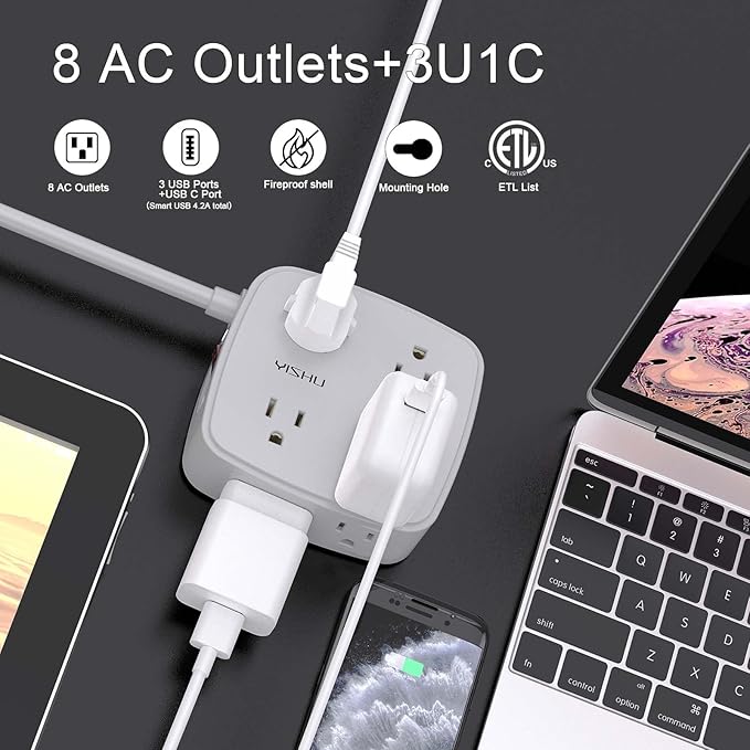 10 Ft Surge Protector Power Strip - 8 Widely Outlets with 4 USB Ports, 3 Side Outlet Extender with 10 Feet Extension Cord, Flat Plug, Wall Mount, Desk USB Charging Station, ETL, Grey - Image 2
