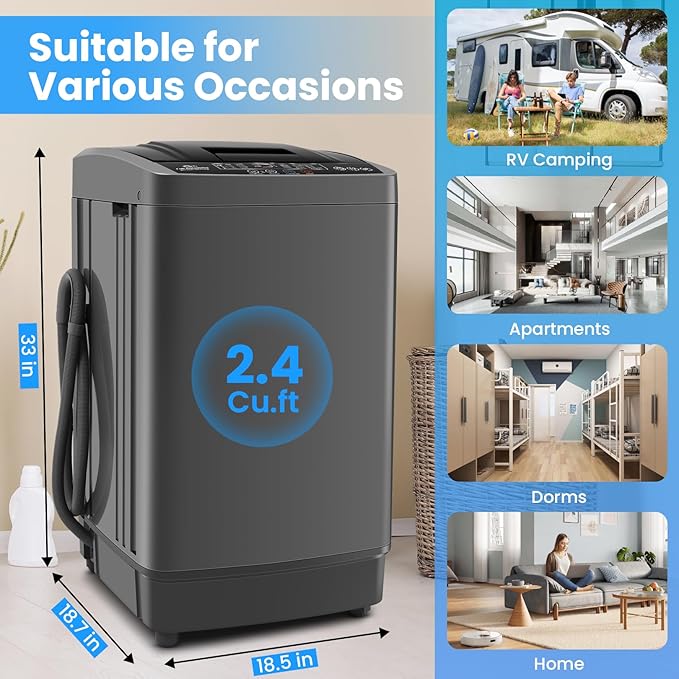 Nictemaw Portable Washing Machine 17.8 lbs, 2.4 Cu.Ft Full-Automatic Washer with Drain Pump, 10 Programs & 8 Water Levels, Efficient Compact Laundry Washer for Small Homes, Apartments, RVs, Dorms - Image 9