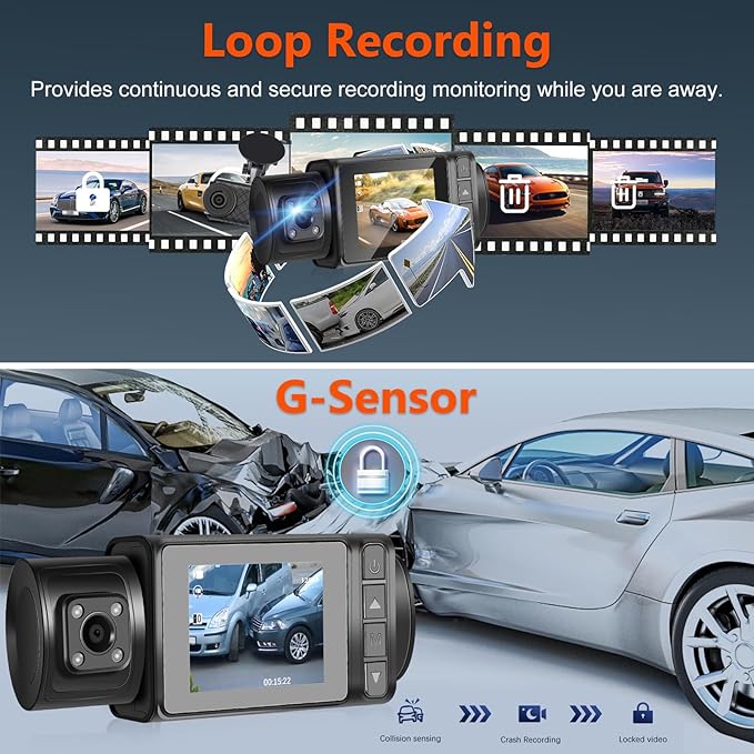 Podofo 3 Channel Dash Cam,1296P Dashcam Front and Inside,Triple Dash Cam Three Way Dash Camera for Cars,Car Camera with WDR Night Vision,150°Wide,G-Sensor,Loop Recording,24H Parking - Image 5