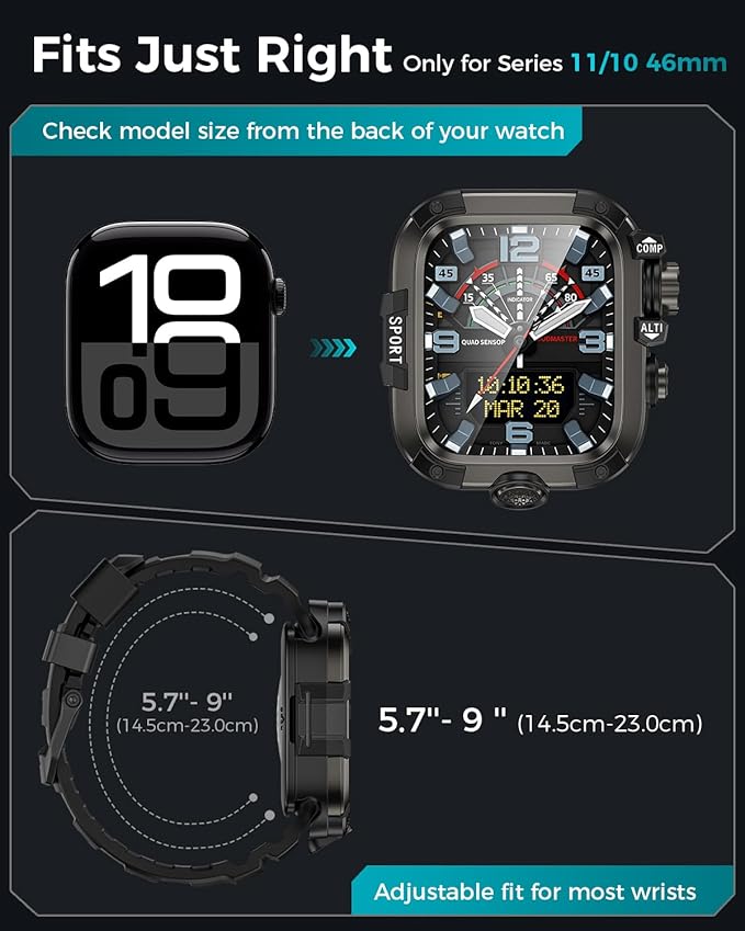 Goton Rugged Case and Band Kit with Screen Protector for Apple Watch 46mm, Compatible with Apple Watch Series 11/10, Full Body Shockproof Metal+PC Bumper Cover with Soft Band, 46mm Black - Image 2