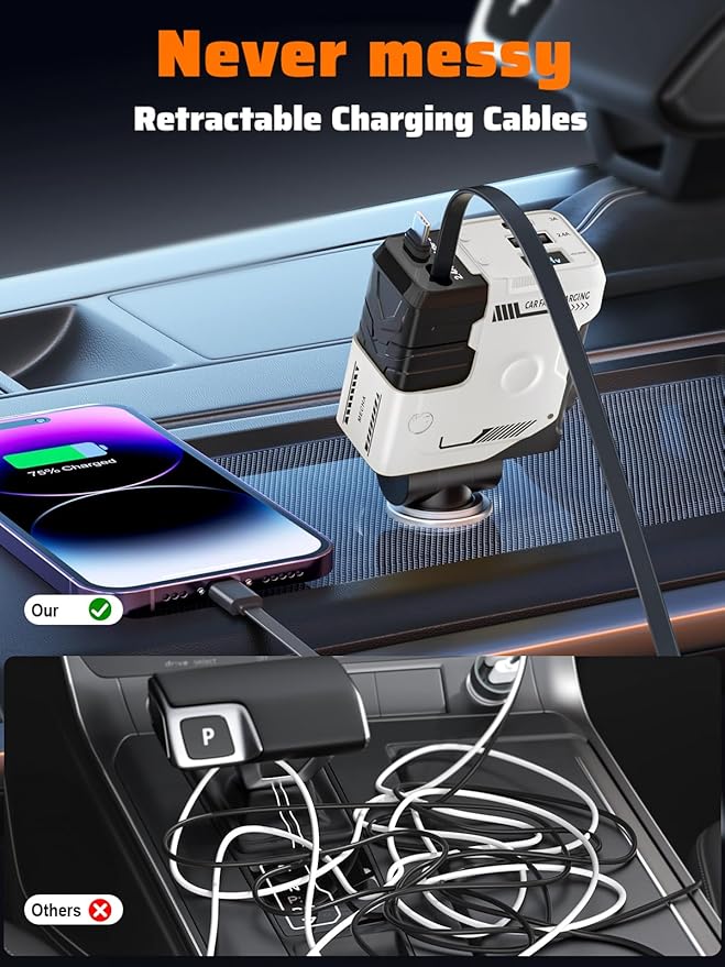 Retractable Car Charger with Retractable Cables (31.5 inch), 4 in 1 Super Fast Car Phone Charger, 2 USB Ports Car Charger Adapter, Compatible with iPhone 15 14 13 12 11 Pro Max, iPad, Pixel - Image 7