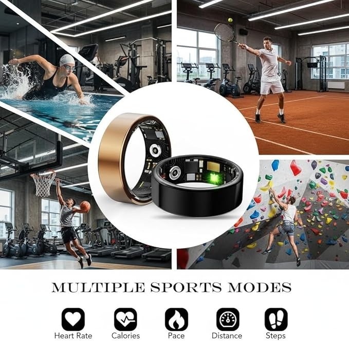 Smart Health Ring for Men Women, Fitness Tracker Ring with Heart Rate Blood Pressure SpO2 Sleep Monitoring, 100+ Sports, Slim Stainless Steel IP68, No Subscription, iOS Android (Black, 8) - Image 4