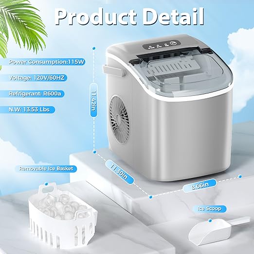 Antarctic Star Countertop Ice Maker，Portable Ice Makers with Self-Cleaning, Bullet Ice Machine, 26Lbs/24H, 9 Ice Cubes Ready in 6 Mins for Kitchen Bar Party RV, Grey - Image 6