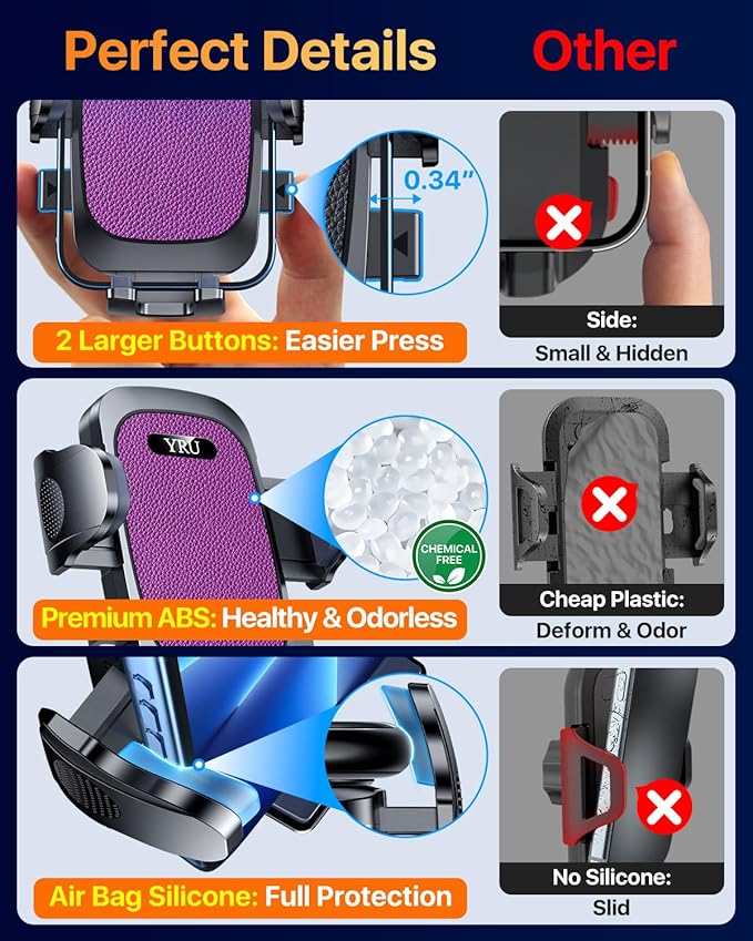 YRU [True Upgrade for Safety] Car Phone Holder Mount [Patent & Military-Grade] Dashboard Cell Phone Holder for Car Vent Windshield Phone Stand for iPhone 17 16 15 14 13 Pro Max Truck Samsung, Purple - Image 5