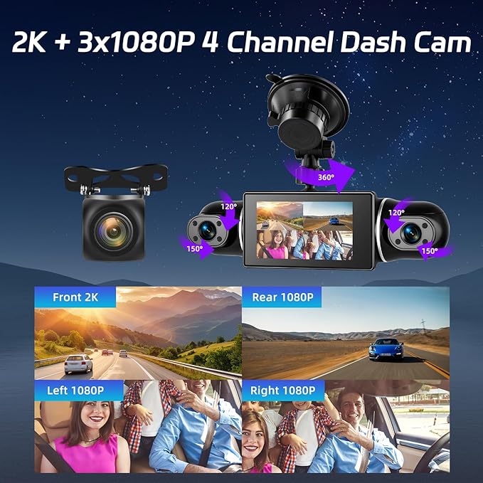 360°View 4 Channel Dash Cam, 2K+1080P Front and Rear Inside Left Right, NHOPEEW 3 inch IPS Screen Dash Camera for Cars, WiFi/APP Control, Night Vision, 24H Parking Mode, 64GB TF Card, Loop Recordin - Image 3