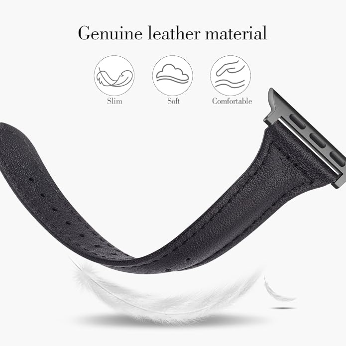 2 pack Slim Genuine Leather Bands Compatible with Apple Watch Band 38mm 40mm 41mm 42mm 44mm 45mm 49mm,Top Layer Leather Watch Thin Women Men Straps for iWatch Series 9/8/7/6/5/4/3/2/1 Ultra SE - Image 3