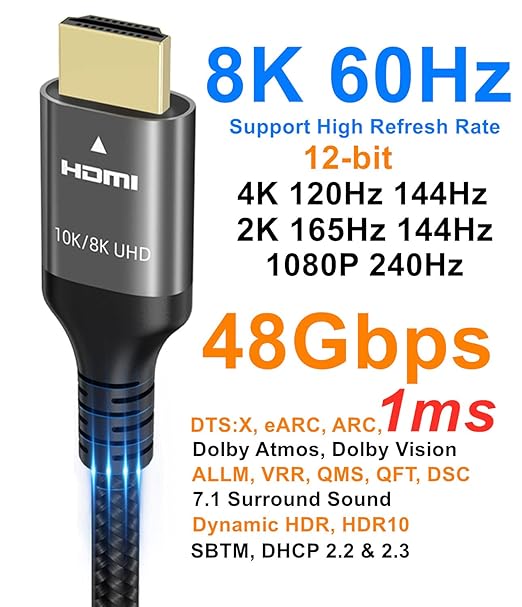 Ubluker 10K 8K 4K HDMI Cable 48Gbps 1.5 FT, Certified Ultra High Speed HDMI® Cable 4K 240Hz 144Hz 120Hz 8K60Hz 0.01ms HDR10+ eARC HDCP2.3 Netflix Roku TV PC Monitor Projector PS5 Xbox - Image 3