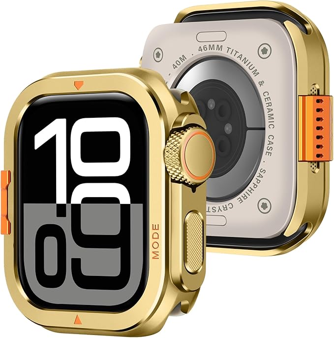 Amizee Metal Case Compatible with Apple Watch Series 11/10 46mm with Back Cover, Rugged Protective Bumper Cover for iWatch 46mm, Gold by Amizee