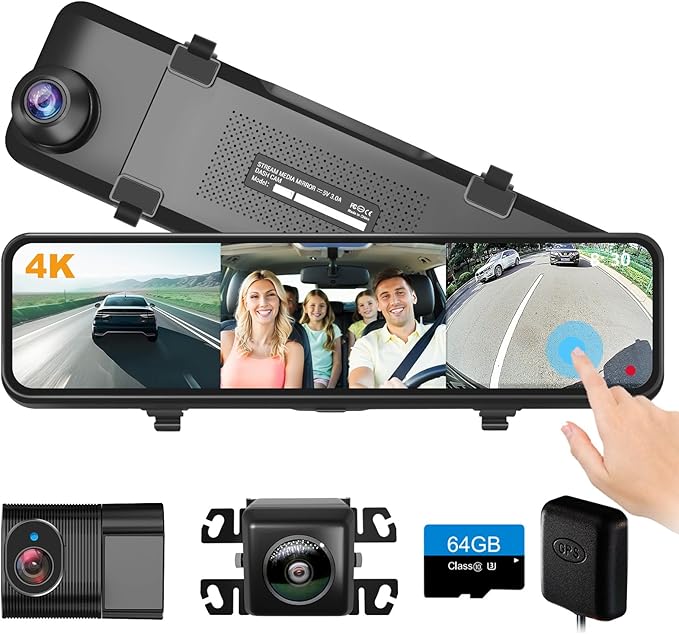 4K 3 Channel Mirror Dash Cam, 11" Triple Rear View Mirror Dash Camera Front Inside Rear with WDR G-Sensor Parking Assistance, with 64GB Card, Waterproof Backup Camera for Car RV by STONVUE by STONVUE