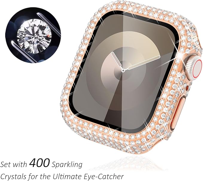 Surace 41mm Case Compatible with Apple Watch Series 9, 8, 7 - 400 Diamonds Bling Case with Tempered Glass Screen Protector, Rose Gold - Image 2