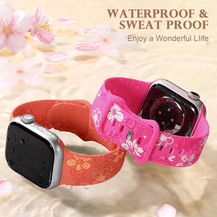 Witzon Floral Band Compatible with Apple Watch Bands For Women 40mm 41mm 38mm 42mm 44mm 45mm 46mm 49mm, Engraved Cute Flower Silicone Dressy Strap for iWatch Series 11 10 9 8 7 6 5 4 3 2 SE Ultra - Image 4
