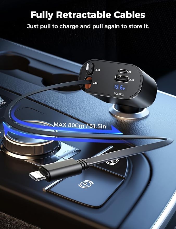 SUPERONE 4-in-1 Car Charger with Retractable Apple Cords, USB C Charger Car Adapter Compatible with iPhone 17/16/15/14/13/12/11 Pro Max Samsung Android Phones - Image 2