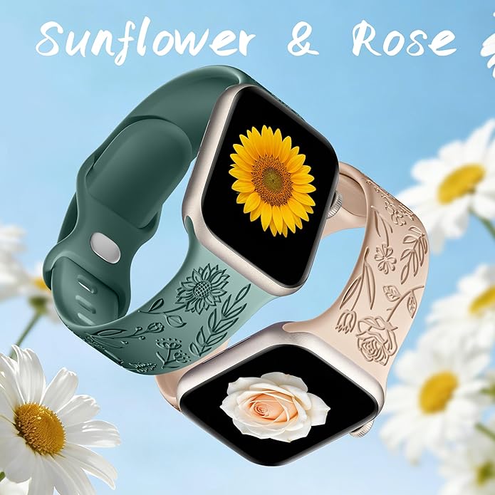SNBLK 6 Pack Floral Engraved Bands Compatible with Apple Watch Bands 40mm 41mm 42mm 38mm 44mm 45mm 46mm 49mm Women Men, Silicone Flower Pattern Strap for iWatch Series 11 10 Se Ultra 9 8 7 6 5 4 3 2 1 - Image 4