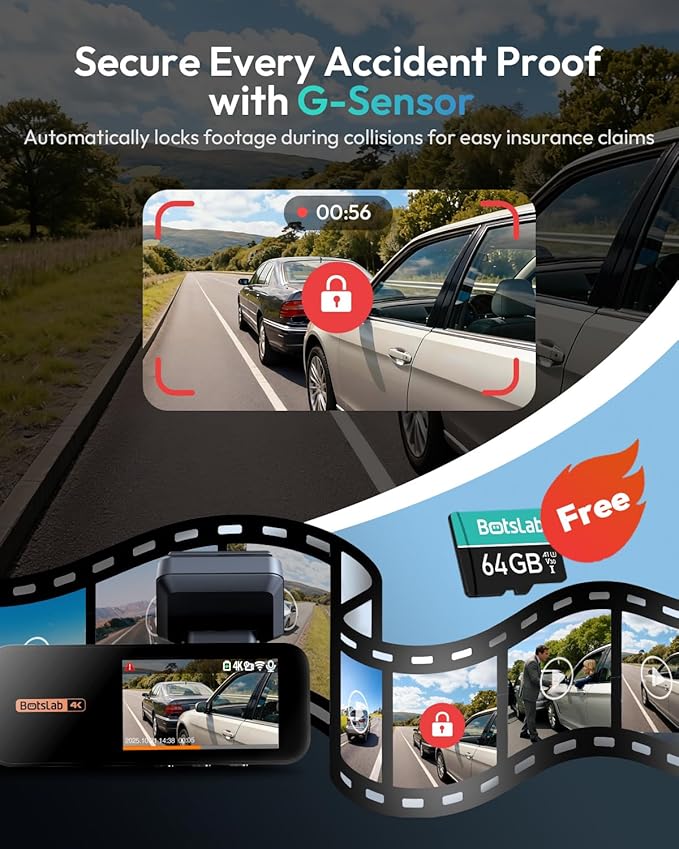 BOTSLAB 4K Dash Cam Front and Rear, 64GB SD Card Included, 170° Ultra Wide 4K+2K Dashcam with ADAS, Night Vision, 24/7 Parking Mode, IMX415 STARVIS Sensor, WDR, 5.8GHz WiFi,Built-in GPS,Loop Recording - Image 4