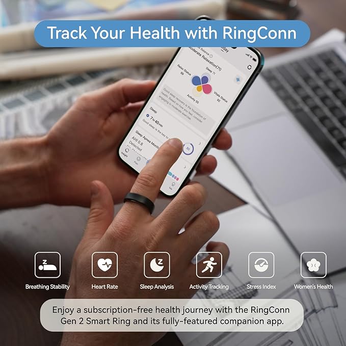 RingConn Gen 2, World’s First Smart Ring with Sleep Apnea Monitoring, No APP Subscription, 12-Day Battery Life, Stress/Heart Rate/Women's Health Tracker, Android & iOS Compatible (Black, Size 10) - Image 3