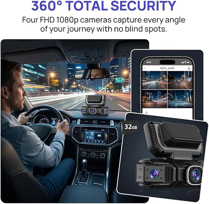 360° Car DVR WiFi 4Channels Dash Cam Video Recorder, FHD 1080p Car Camera, Dash Cam Front and Rear with App Control, G-Sensor, Parking Mode, Night Vision, Loop Recording (with 32G Card) - Image 2