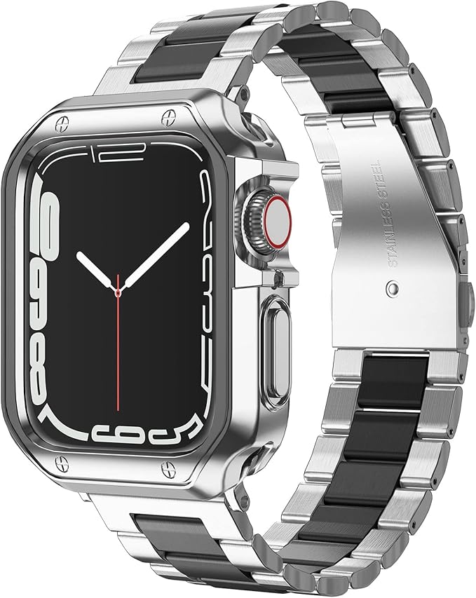 Compatible with Apple Watch Band and Case, Stainless Steel Metal Chain with TPU Cover, Smart-Watch Link Bracelet Strap, Wrist-Band for i-Watch Series 10 11, 42mm, Silver+Black by MRYUESG