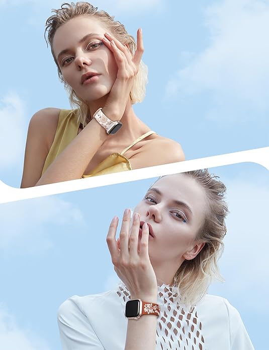 Wearlizer 2 Packs Floral Engraved Compatible with Apple Watch Bands 38/40/41/42/44/45/46/49mm Women, Cute Two-Tone Soft Silicone Strap for iWatch Series 11 10 9 8 7 6 5 4 3 SE/Ultra 3 2 1 - Image 4