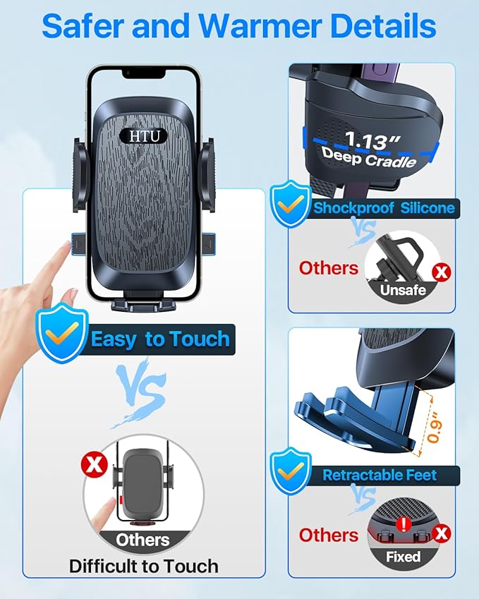 HTU [2026 True Military-Grade] Car Phone Holder [Upgraded Strongest Suction & Clip] Cell Phone Mount for Dashboard Windshield Vent,Truck Cradle Stand for iPhone 16 Pro Max Samsung Android (Black) - Image 7