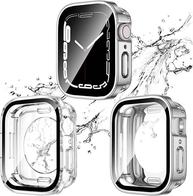 2 Pack 2 in 1 Waterproof Case for Apple Watch Series 10/Series 11 42mm, Straight Edge PC Front & Back Bumper with Tempered Glass Screen Protector 360 Protective Cover for iWatch (42mm, Silver/Clear) by Singuizoo