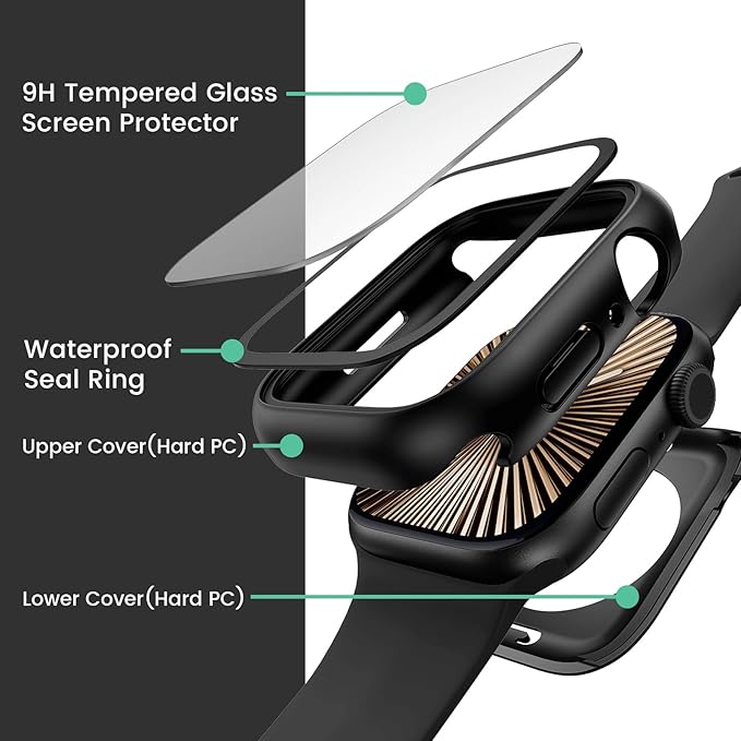 3 in 1 Goton Waterproof Hard Case for Apple Watch Screen Protector 42mm, 360° Slim Full Protective Tempered Glass Face Cover + Back Hard PC Bumper for iWatch Series 11/10, 42mm Matte Black - Image 4