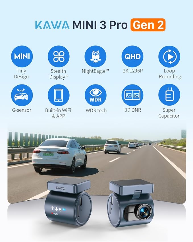KAWA 2K Dash Cam for Cars with Voice Control - Stealth Display Tiny Dashcam Front Included 32GB Micro SD Card, Super Night Vision, 1296P QHD, G-Sensor, Built in WiFi & App Car Camera - Image 2