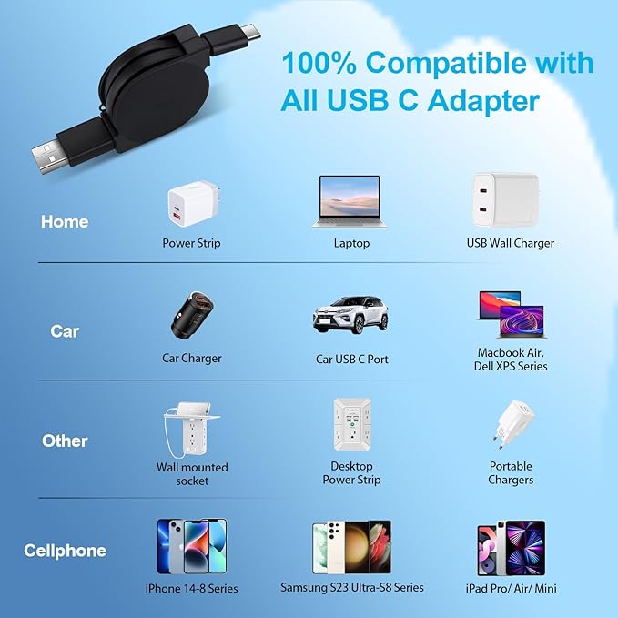 Retractable USB C Cable,3.3FT Fast USB Type C Charging Cable Android Phone Charger Car Cord for iPhone 17e 17 Air 17 Pro 17 Pro Max 16 Pro Max 15,Samsung Galaxy A17 A16 5G S26 Ultra,Pixel 10a 10 Pro - Image 7