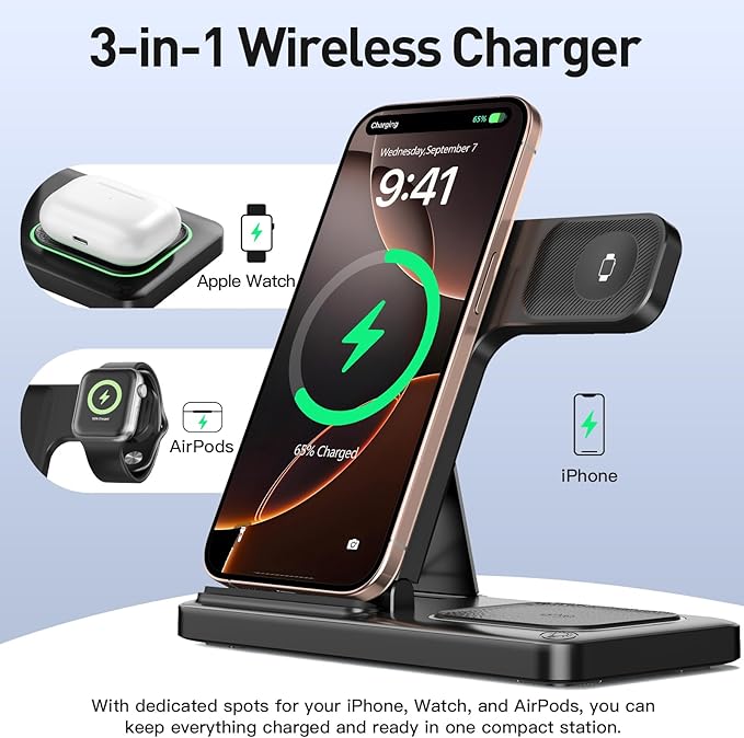 2026 Traveling Portable Wireless Fast Charger for Apple & Android Charging Station 3 in 1 Charging for iPhone17 16 15 14 13 12 11,Apple Watch & Air pods 4 3 2 Pro,Samsung Galaxy-Gifts for Family - Image 3