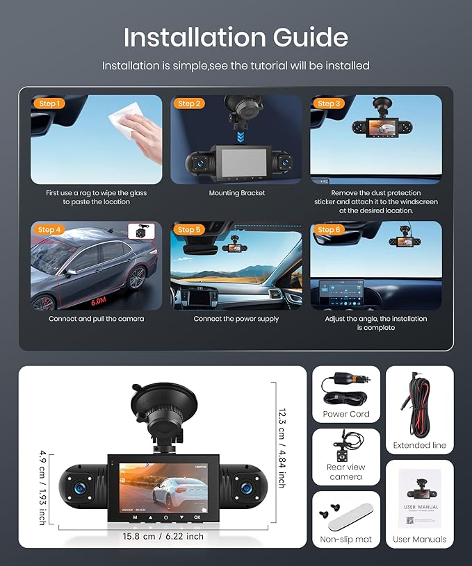 Rimoody 4-Channel 360° Dash Cam, 1080P Full HD Car DVR with Front/Rear/Inside/Side Cameras, WiFi App Control, Night Vision, G-Sensor, Loop Recording, 24H Parking Monitor, 3 Inch Display - Image 8