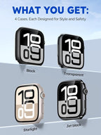 Misxi 4 Pack Case with Scratch-Resistant Screen Protector for Apple Watch Series 11 Series 10 42mm, Cover with Hard PC Tempered Glass for iWatch, 1 Black + 1 Transparent + 1 Starlight + 1 Jet Black - Image 2