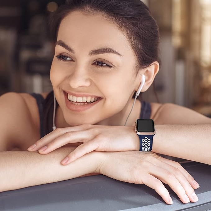 Lerobo Compatible with Apple Watch Band Series 9 8 7 41mm Band SE 40mm 38mm 11 42mm Women Men, Soft Silicone Replacement Sport Band for iWatch SE 3 2 Series 10 6 5 4 3 2 1, Midnightblue/White - Image 3