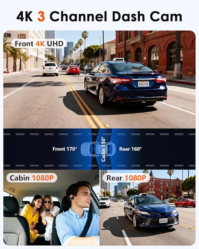 3-Channel Dash Cam 4K for Car: Front, Rear & Inside Dash Camera with 5.8G WiFi & GPS - 24H Parking Mode, 64GB Card for Rideshare Driver - Image 2