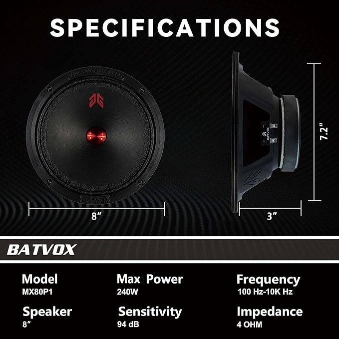 MX80P1 Midrange Loudspeaker 8" Red Dust Cap, 480W Max, 4 Ohms, Premium Quality Audio Door Speakers for Car or Truck Stereo Sound System, Black (2 Speaker) - Image 3