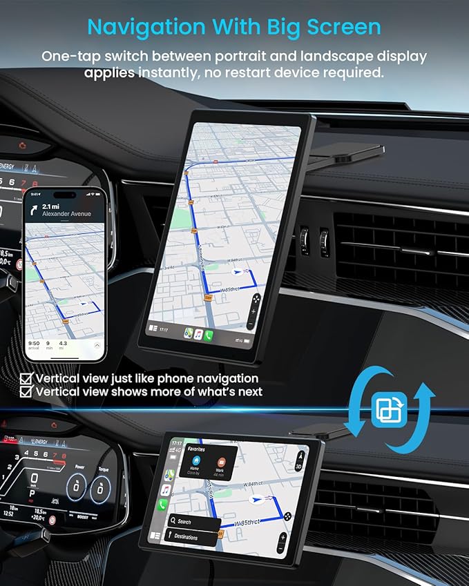 8” Wireless Apple CarPlay Screen for Car with Android Auto & 1080P Backup Camera, Rotatable Touchscreen Car Stereo, Vertical & Horizontal Mode, Bluetooth, GPS Navigation, Mirror Link - Image 6