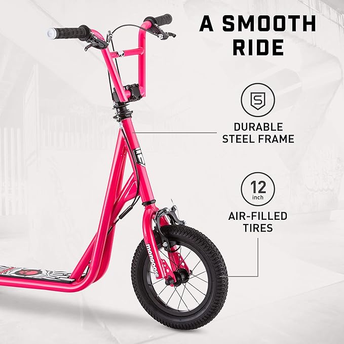Mongoose Expo Kick Scooter, BMX-Style Handlebar & Brake Cable Rotor, Wide Foot Deck for Kids Youth Boys Girls Ages 6 and Up, Rear Axle Pegs, 12-Inch Air Tires, and Max. Weight of 175 lbs. - Image 2