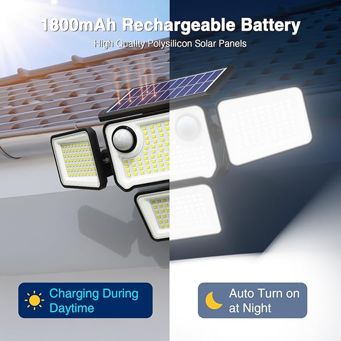 4500LM Solar Lights Outdoor Waterproof, 254 LED Solar Flood Lights Outdoor with 2 Motion Sensor, 4 Heads Security Light with Remote Control for Yard Outside House Garage 3 Pack - Image 4