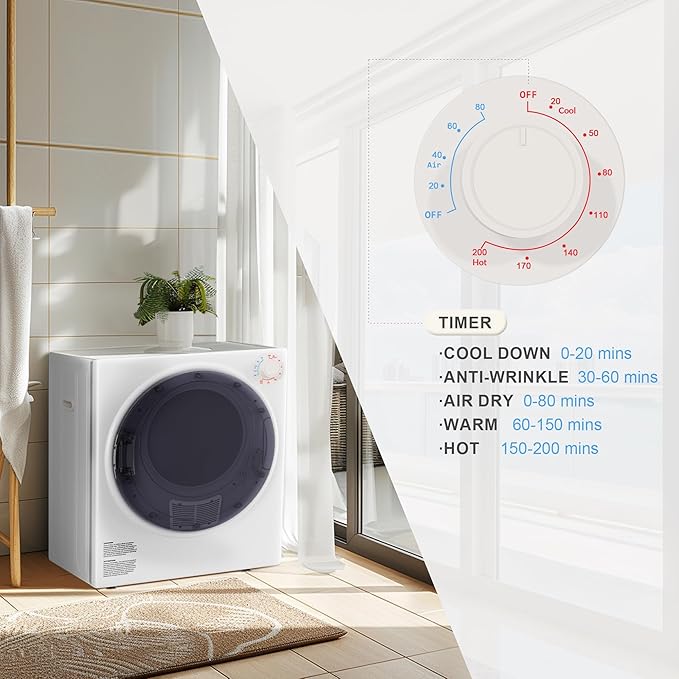 Elevon 2.6 cu.ft Portable Laundry Dryer,800W Electric Clothes Dryer with Stainless Steel Tub,Front Load with Exhaust Pipe,5 Automatic Drying Modes LCD Control Panel for Apartment Home Dorm RV,White - Image 4