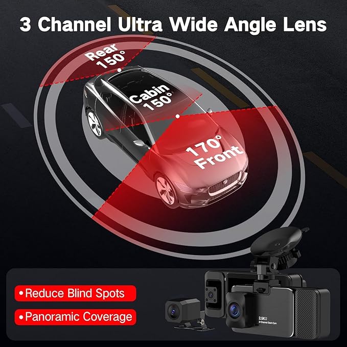 3 Channel Dash Cam Front and Rear Inside, 2.5K Dash Cam, APP Control, Night Vision, 3" IPS Screen, Built-in Wi-Fi, G-Sensor, 24H Parking Mode, Loop Recording, 64GB SD Card Included,K02 - Image 4