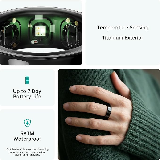 opove O Ring Smart Ring, Fitness Trackers Rings with Sleep/Stress/Heart Rate/Women's Health Monitoring, Comfortable Wearing, Up to 7 Days Using, Fitness Ring for Android & iOS, Black-Size11 - Image 7