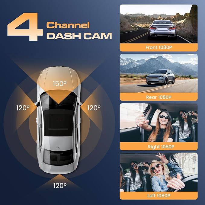 4 Channel Dash Cam 360° View Front and Rear Inside, 3" Display 1080P Dash Camera for Cars Left Right, WiFi APP Control, G-Sensor, IR Night Vision, Loop Recording, with Free 64GB Card - Image 3