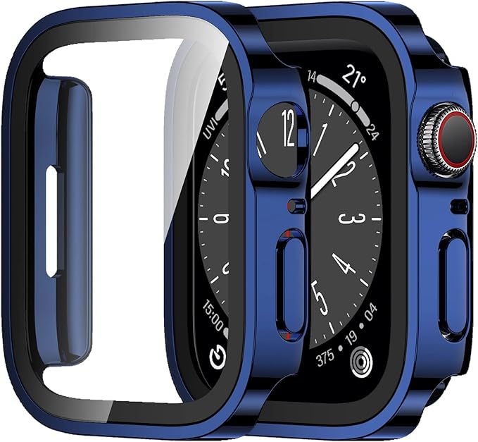 Amizee 2 Pack Compatible with Apple Watch Series 9 8 7 45mm Case with Built-in Screen Protector, Ultra-Thin Hard PC Straight Edge Anti-Scratch Protective Cover for iWatch 45mm (Blue) by Amizee