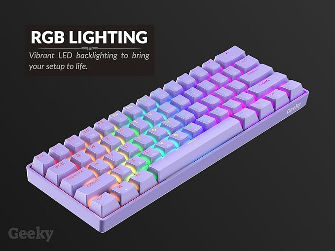 Geeky GK61 SE 60% | Mechanical Gaming Keyboard | 61 Keys Multi Color RGB LED Backlit for PC/Mac Gamer | ANSI US American Layout (Lavender, Mechanical Red) - Image 8