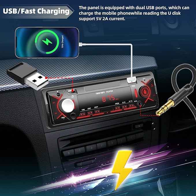 Car Radio Single Din Bluetooth Digital Car Stereo Receiver Hands-Free Calls Audio Multimedia System with 2 USB/AUX FM Radio USB Quick Charge MP3 Player - Image 5