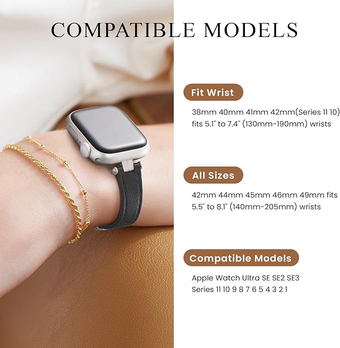 STIROLL Thin Leather Band Compatible with Apple Watch Bands 49mm 46mm 45mm 44mm 42mm (Series 3/2/1) Women, Stylish Top-Grain Leather Strap Slim Wristband for iWatch SE3/2/1 Series 10 9 8 7 6 5 4 Ultra, Black/Starlight - Image 5