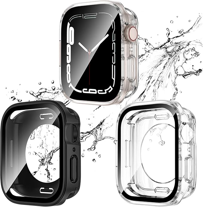 2 Pack 2 in 1 Waterproof Case for Apple Watch Series SE SE 6 5 4 44mm, Straight Edge PC Front & Back Bumper with Tempered Glass Screen Protector 360 Protective Cover for iWatch (44mm, Black/Clear) by Singuizoo