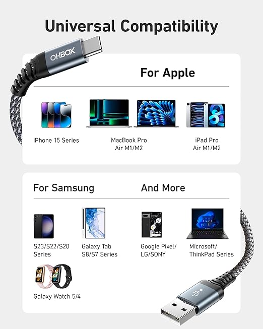 Short USB A to USB C Cable 3FT, USB C Fast Charging Cable, Durable Braided USB to USB Type C Cord for Car iPhone USB C Charger for iPhone 17/16/15/Pro Max/Plus, Samsung Galaxy S23 and More-2Pack Gray - Image 8