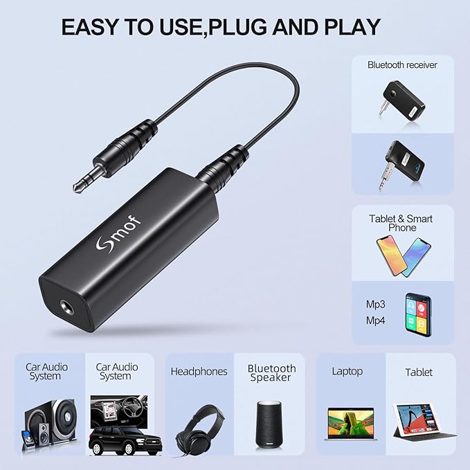 Smof Upgraded Ground Loop Noise Isolator, Noise Filter for Car Audio/Home Stereo System (Eliminate The Buzzing Noise Completely) with 3.5mm Audio Cable, Black - Image 3