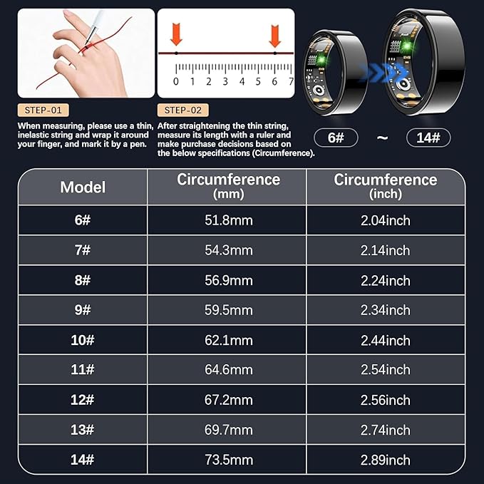 Smart Health Ring for Women Men, Fitness Tracker Ring with Heart Rate, Blood Oxygen, Sleep Tracker, Step Tracker, No Subscription Fee, IP68 Waterproof Smart Ring for iphone & Android (Black, 6#) - Image 2