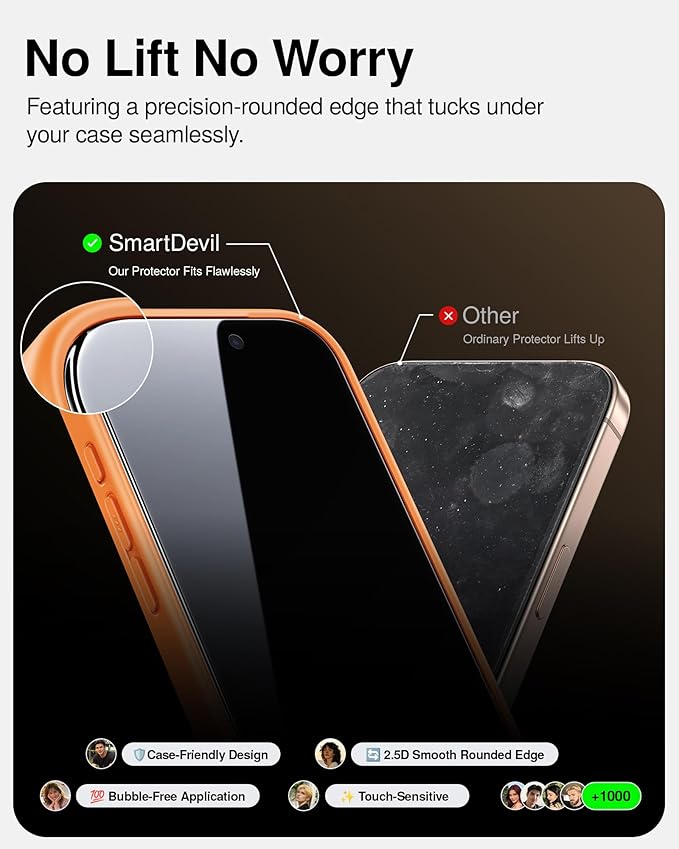 SMARTDEVIL 2 Pack Tempered Glass for iPhone 16 Pro Privacy Screen Protector, Military-Grade Shatterproof Protection, 9H Hardness, Anti-Spy Privacy Film, Fast & Easy Installation, Case Friendly Design - Image 7